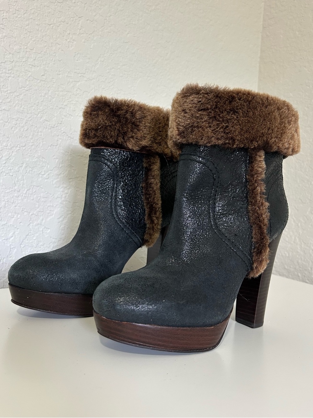Hermes Black Suede Platform Ankle Boots with Brown Shearling Cuff